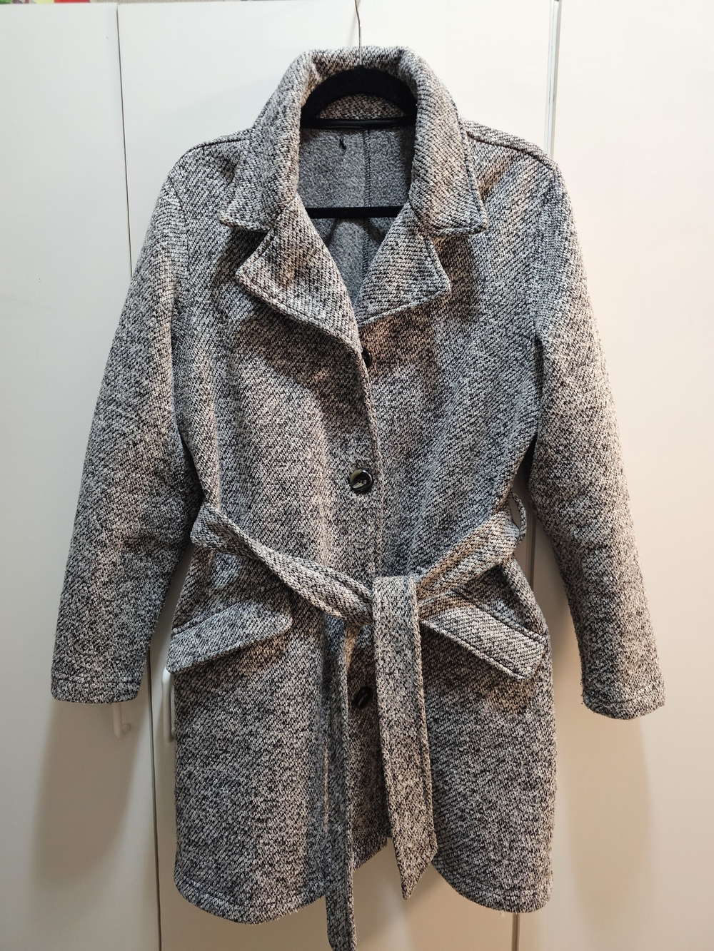 Womens Grey Textured Belted Coat